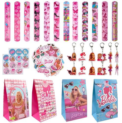 Clvsyh 86 Pezzi Set Regalo Di Compleanno Per Bambini Bar-Bi, 12 Braccialetti Schiaffo + 12 Sacchetti Regalo + 12 Portachiavi + 50 Adesivi Bambini, Bomboniere Per Feste, Regalo Di Festa Per Bambini