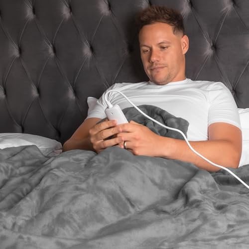 Purus Grey Faux Fur Heated Throw Electric Blanket, 160 x 130cm Heated Blanket Machine Washable Electric Throw Overblanket with 12HR Timer and 9x Control Heat Settings