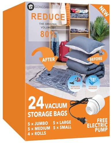 24 Pack Vacuum Storage Bags with Electric Pump, (5 Jumbo, 5 Large, 5 Medium, 5 Small, 4 Roll Up Bags) Space Saver Bag for Clothes, Mattress, Blanket, Duvets, Pillows, Comforters,Travel
