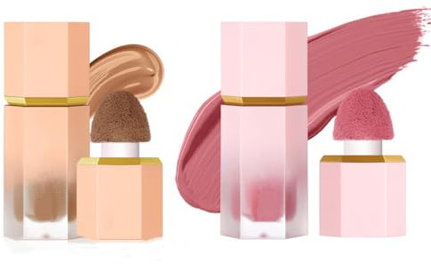 Beauty Searcher Flüssiges Rouge & Kontur Makeup Set, Weiches, leichtes, atmungsaktives Gefühl Eingebauter Schwamm Spitze Gesicht Make-up-Geschenk-Set (#Rouge 01+Kontur 01)