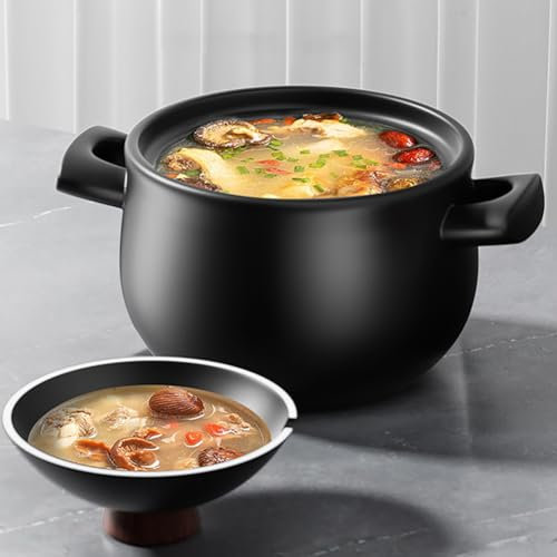 JJoias Cazuela De Barro Con Tapa, Olla Sopera Redonda Con Mango Antiadherente, Apta Para Microondas, Cocina De Gas Y Vitrocerámica Eléctrica.,2.5l