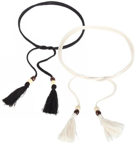 Visxcnu 2pcs Damen Taillengürtel, Kleidgürtel Gewebte Quaste Gürtel，Gewebte Quasten Kettengürtel, mit Kleidern T-Shirts Langen Hemden Anzügen (schwarz+beige)