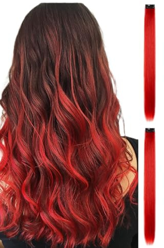 2 x Clip-In Hair Extension Highlights Streaks, Colourful Hair Highlights (Red Thick x 2)