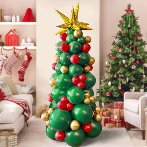 Christmas Tree Balloons Garland Arch Kit - Green, Red, Golden Latex Xmas Tree Balloons with Golden Starburst for Christmas Party Decorations