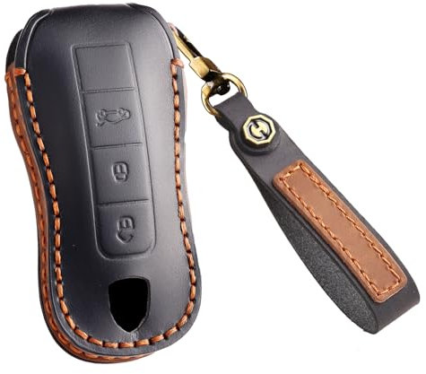 KUNIO Leder Schlüsselhülle Passt für Porsche 911 971 9YA für Macan für Panamera Taycan für Cayenne Carrera Schutz Schlüsseletui Cover Schlüsselanhänger 3 Tasten A Schwarz