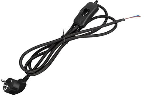 FSLiving Cable textil de 2 hilos, cable de lámpara con 1,8 metros de longitud, interruptor de encendido/apagado y enchufe, cable trenzado para ventilador, lámpara, una lámpara nocturna, negro