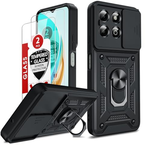 LeYi for Honor X6b Phone Case, 2 Pack Tempered Glasss Screen Protectors, Ring Stand Holder, Military Shockproof Rugged Mobile Phone Cover with Camera Lens Slide Design for Honour X6b 4G, Black