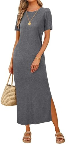 Arach&Cloz Long Maxi Dresses for Women UK Short Sleeve Summer Shirt Dress Ladies Casual Work Dress Side Split Dark Grey S