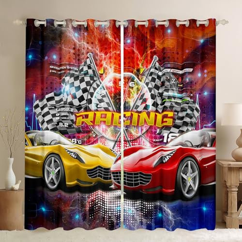 Loussiesd Rennwagen Vorhänge 175x140cm Set für Kinder Jungen, Rennwagen Fenstervorhang Sportwagen Blickdichte Vorhänge Cool Speed Luxus Auto Gardinen,Jungen Schlafzimmer Zimmer Dekor