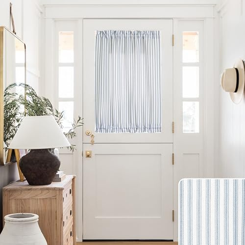 Dusty Blue Striped Door Window Curtain for Glass Window,Short Curtains 25x40 Inch Length