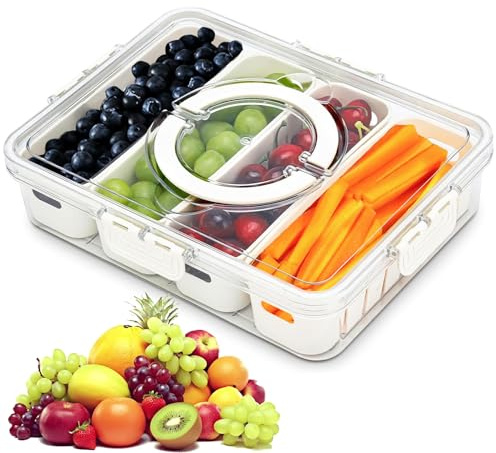 Snackbox mit 4 Fächern & Deckel Griff, Abnehmbare Snackteller, Tragbare Aufbewahrungsbox, Wiederverwendbar Snackdose für Süßigkeiten, Nüsse, Keksen, Früchten, Gemüse, Party, Picknicks, Familientreffen