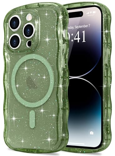 Pepmune for iPhone 14 Pro Case Clear [Compatible with Magsafe] Bling Sparkle Glitter Magnetic Cover,Soft TPU Curly Wavy Frame & Hard PC Back,Slim Shockproof Wave Phone Case for Women Girls-Dark Green