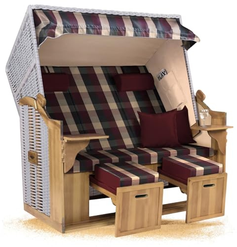 Strandkorb Hanse Ostsee XXL 2,5 Sitzer Volllieger Weiß 150cm breit, ideal für Garten, Terrasse und Balkon (Rot Grün Beige Kariert, Zerlegt)