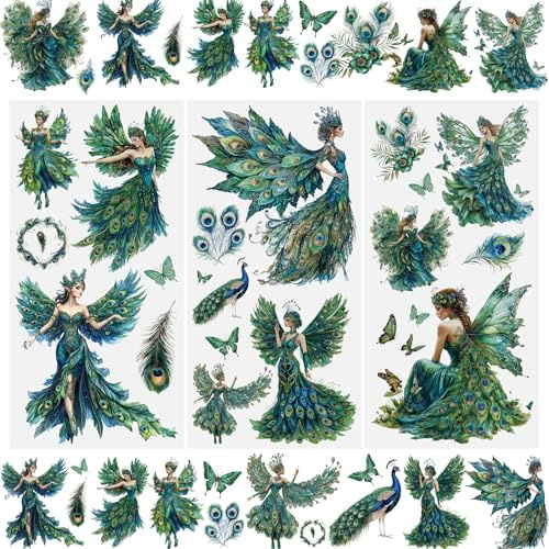 WANDIC 3 Bögen Aufreibetransfer-Aufkleber für Möbel, Retro-Transfer-Aufkleber grüner Pfau Elfenmuster für DIY-Basteln Sammelalben Fotoalben Dekoration, 15 x 30 cm