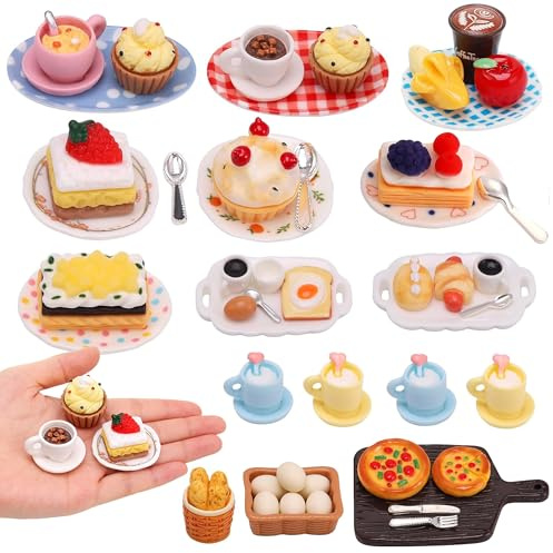 Miniatur Essen und Trinken Set,Puppenhaus Zubehör mit Kuchen,Geschirr und Trinken für Puppenküchendeko,Geschenkideen