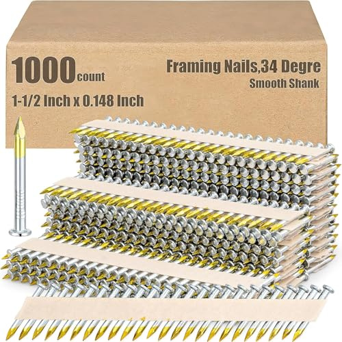 1000 Clous de Charpente, Clous pour Sabots de Solive 3,75 x 0,38 cm,Clous 34° pour Connecteurs Métalliques, Tête Ronde Galvanisée, Tige Lisse, Bande Papier, pour Projets de Menuiserie