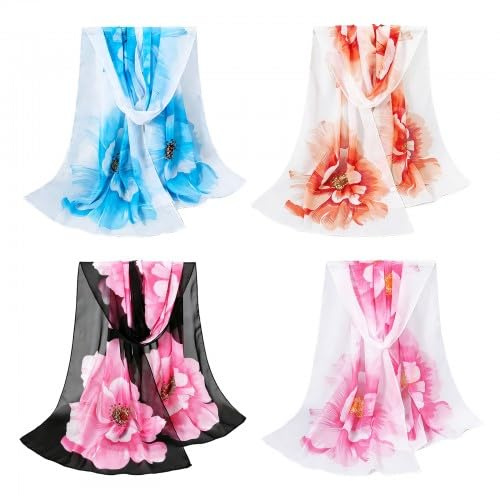 Husalsea 4 Stück Chiffontücher, Stola für Abendkleid Tuch, Kopftuch, Schals für Damen, 150 x 50 cm (Schwarz, Weißblau, Weißrosarot, Weißorangerot)