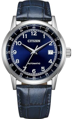 Citizen TSUYOSA Herrenuhr Edelstahl, Blau, 40 mm, NJ0210-13L | Mechanisch, Handaufzug Nötig, Kristallglas, 5 bar Wasserdicht, 40 Stunden Gangreserve, Lederband