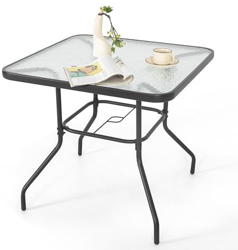Avestar 80 cm Quadratischer Outdoor Esstisch, Terrassentisch mit Schirmloch, Gartentisch mit gehärtetem Glas, Balkontisch, Glastisch, für Balkon, Garten, Poolbereich, Wintergarten, Schwarz