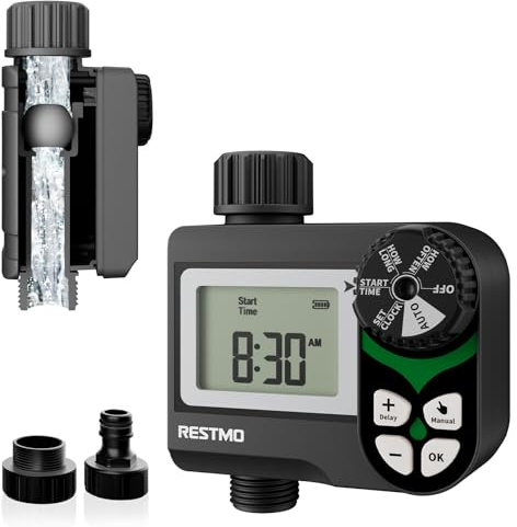 Ordenador de riego con válvula de Bola sin pérdida de presión (0-120 PSI), 2 programas de riego y retardo de Lluvia (24-72 h), Sistema de riego de jardín para barriles de Lluvia, Camas elevadas