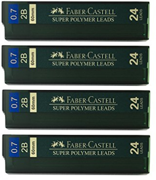 Faber-Castell 0.7mm 2B Super Polymer Premium Strong Dark Smooth Leads Mechanical Pencil Lead Refills For All 0.7 mm Mechanical Pencils (4 Tubes, 24 Leads Per Tube - Total 96 leads)