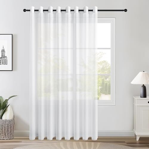 Topfinel Gardinen Wohnzimmer Vorhänge Weiss Transparent Raumteiler Vorhang Leinenoptik Vorhänge mit Ösen Modern Schlafzimmer Küchenfenster Extra Breit Gardine 300 cm Breit, 240 cm Hoch, 1 Stück