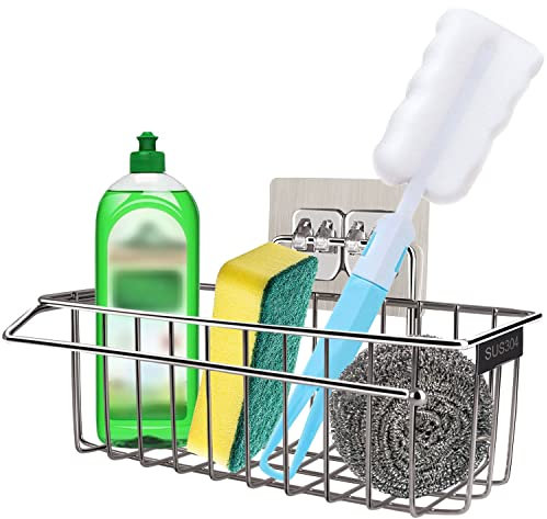 HONZUEN 2 in 1 Autoadesivo Porta Spugne da Cucina, Organizer per Lavello in Acciaio Inox 304 Nessuna Perforazione Richiesta da Cucina Cestino Portaoggetti, per Riporre Spugne Spazzole Detersivo