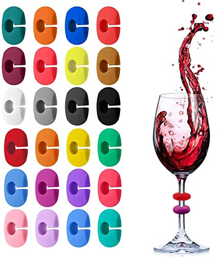 Silikon-Glasmarker, Ring für Weingläser, gemischte Farben, wiederverwendbar, 24 Stück, für Weinglas, Champagnerglas, Cocktailglas, Trinkglas