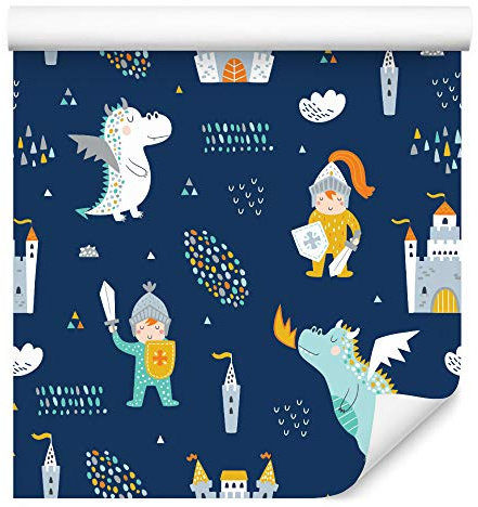 Muralo Tapete 10m Rolle Vlies Tapete Tiere Magische Drachen Ritter Schwerter Schlösser Vliestapete 1000 x 53cm Wand Tapete Wohnzimmer Kinderzimmer Moderne Wanddeko Wand Dekoration
