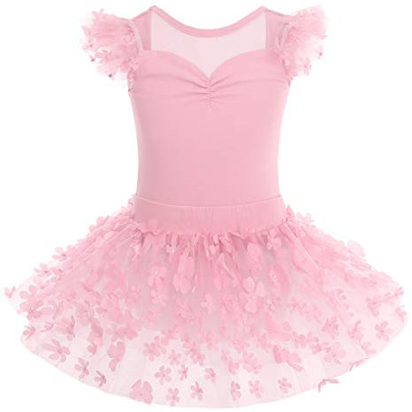IMEKIS Mädchen Kinder Ballett Kleid Baumwolle Gymnastik Trikot Tutu Rock Fliegenärmel Rückenfrei Blume Bodysuit Tanz Kostüm Prinzessin Fee Ballerina Dancewear Rosa 5-6 Jahre