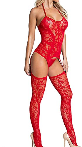 Bommi Fairy Damen Reizwäsche Spitzen Teddy Unterwäsche Strapsen Negligee Nachtwäsche Nachthemd Halfter Sling Unterwäsche Lingerie Transparente Babydoll mit Strumpfhaltergürtel-Dessous (Rot)