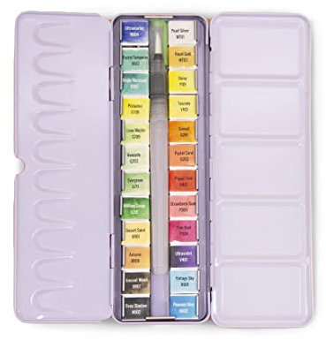 Craftelier Boîte de pastilles d'aquarelle avec assortiment de 24 couleurs + pinceau avec réservoir d'eau ou Waterbrush pour aquarelle calligraphie lettering ou mixed médias et autres travaux manuels