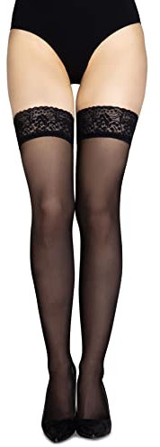 LORES Calze autoreggenti velate italiane con balza in pizzo e doppio silicone invisibile 30 DEN, Nero XL/XXL