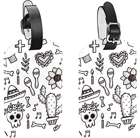 Doodle Dia De Muertos Muster Reisegepäckanhänger Set mit 2 Stück Handtaschen-Koffer-ID-Etiketten Tasche und Gepäckanhänger mit Sicherheitsgurt