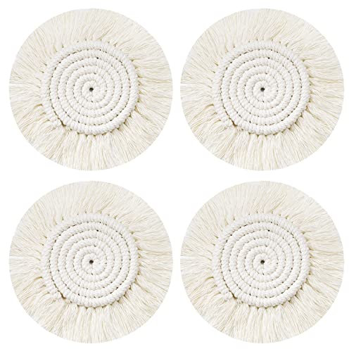Sottobicchieri in Macramè Fatti a Mano, Set di 4 Sottobicchiere Rotondo in Cotone Intrecciato Stile Bohemian Vintage Braid Pad Tovagliette Antiscivolo per Tazze, Bevande, Birra, Caffè, Tavoli