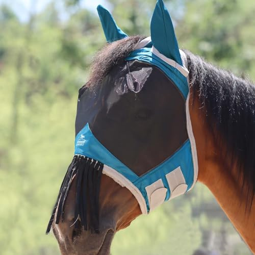 Harrison Howard CareMaster Horse Fly Mask with Ears and Nose Fringe Fly Protector Defender Mask Sky Blue Full Size