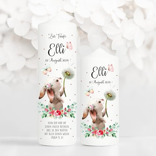 Wandtattoo Loft Taufkerze Mädchen oder Junge mit Taufspruch + Patenkerze, Motiv Hase mit Pusteblume, 25cm x 7cm, personalisierte Kerze, bedruckte Kerze zur Taufe, Stumpenkerze, Taufgeschenk