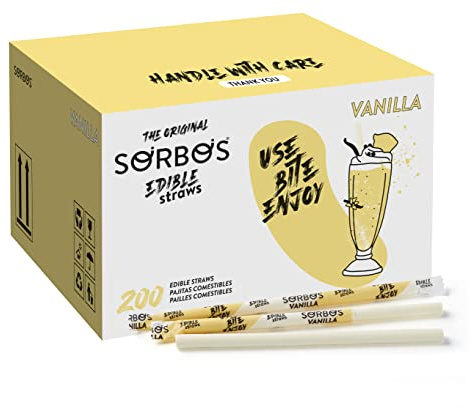 Sorbos Essbare Trinkhalme, Vanillegeschmack, nachhaltig, einzeln verpackt, kein Plastik, keine Allergene, kein Gluten, umweltfreundlich, 18,8 cm lang (200 Stück)