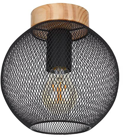 etc-shop Deckenlampe Schlafzimmerleuchte Kugellampe, Holz Metallgeflecht, Designleuchte Strahler, Gitterschirm, schwarz, 1x E27 Fassung, DxH 20x20 cm