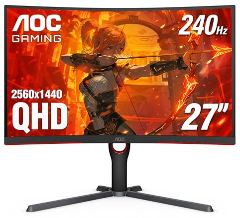AOC CQ27G3Z 27 Curved Gaming Monitor, QHD 2K 2560x1440, 1000R VA, 240Hz 0.5ms, FreeSync Premium, Height Adjustable Stand, Xbox PS5 Switch, 3-Year Zero-Bright-dot,Black
