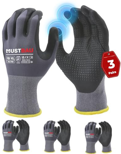 Mustbau Arbeitshandschuhe Schwarz mit Touchscreen, Arbeitshandschuhe Herren mit Nitril Beschichtung für Montagearbeit,Mechaniker, Gartenarbeit und Bauarbeiten, Gr. XL, 3 Paare