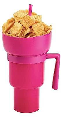 GZWY Becher mit Strohhalm und Schüssel 2 In 1 Snack & Drink Becher Cup Bowl Combo Stadium Tumbler mit Snack Bowl, Tragbare Auslaufsichere Getränketasse Snack Bowl für Kino, Zuhause, Reisen (Rose)