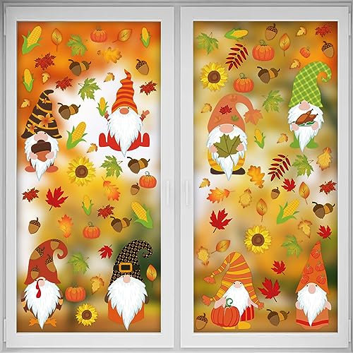 HZMJDHZM 8 Stück Erntedankfest Fensteraufkleber, Thanksgiving Fenster Aufkleber, Ahornblätter Kürbisse Zwerge Abziehbilder Statisch Fenster Erntedankfest Aufkleber für Erntefest Party (A)