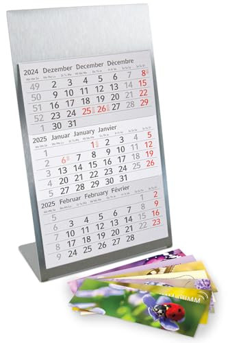 Timr Tischkalender zum Aufstellen aus Edelstahl I Bienen-Motiv I für 2 Jahre 2025/2026 I Hochformat 105 x 230 mm I 3-Monatsübersicht mit Block Magneten I mehrsprachig D/GB/F I 7 Motive I tr205