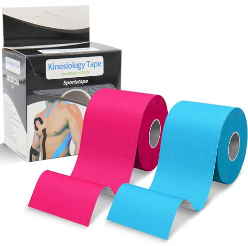 ZSMJAER Kinesiotapes,2 Kinesiologie Tape Rollen,5 m x 5 cm,Sporttape für die Muskeln, für Knie,Schulter und Ellenbogen, Wasserfest & Elastisch für Sport(Blau/Rosa)