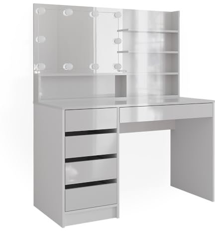 Vicco Schminktisch Sherry, Weiß Hochglanz, 120 cm mit LED Beleuchtung, und Spiegelregal