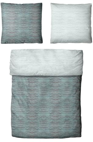 Traumschloss Classic Microfaser Flanell Bettwäsche, Wellen, gestreift, grün, 155x220 & 80x80, 100% Polyester, wärmend & kuschelig, mit Reißverschluss bestehend aus Kissen und Bettbezug