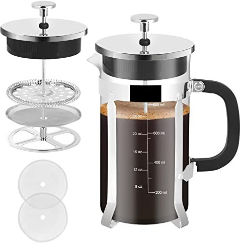 Nukeekee French Press Coffee Maker,34oz 8 Cup 304 Stainless Steel Borosilicate Glass Coffee Press, BPA Free Glass TeaPot-34 Ounce 1 Liter Larger (Chrome)