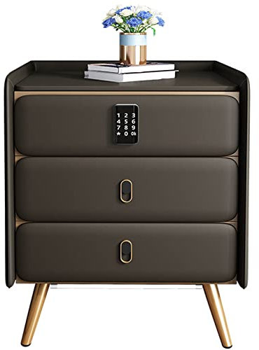 VELLOW Smart Bedside Table with Charging Station, LED Light 3 Shades of Light, with Smart Fingerprint Lock, Modern Bedside Table Bedroom Locker with 3 Drawers