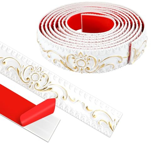 300cm×3.6cm Wandleisten Selbstklebend für Spiegelkanten,Weiß mit Gold | Deckenleisten Selbstklebend, 3D Deckenleisten Styropor，für MöBel, TüRrahmen, Decken, Wohndekoration